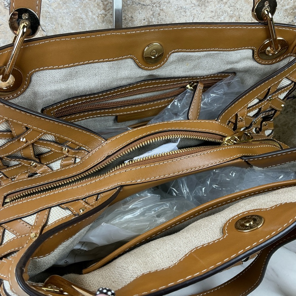 Michael‎ Kors Brooklyn Brown Gold Studded Woven Leather Canvas Shoulder Bag - Picture 10 of 16